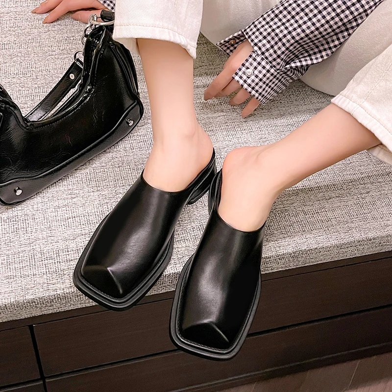 2024 Spring Summer Women Pumps Thick Heels Square Toe Slippers Genuine Leather Concise Casual Shoes Woman Mules New Arrival