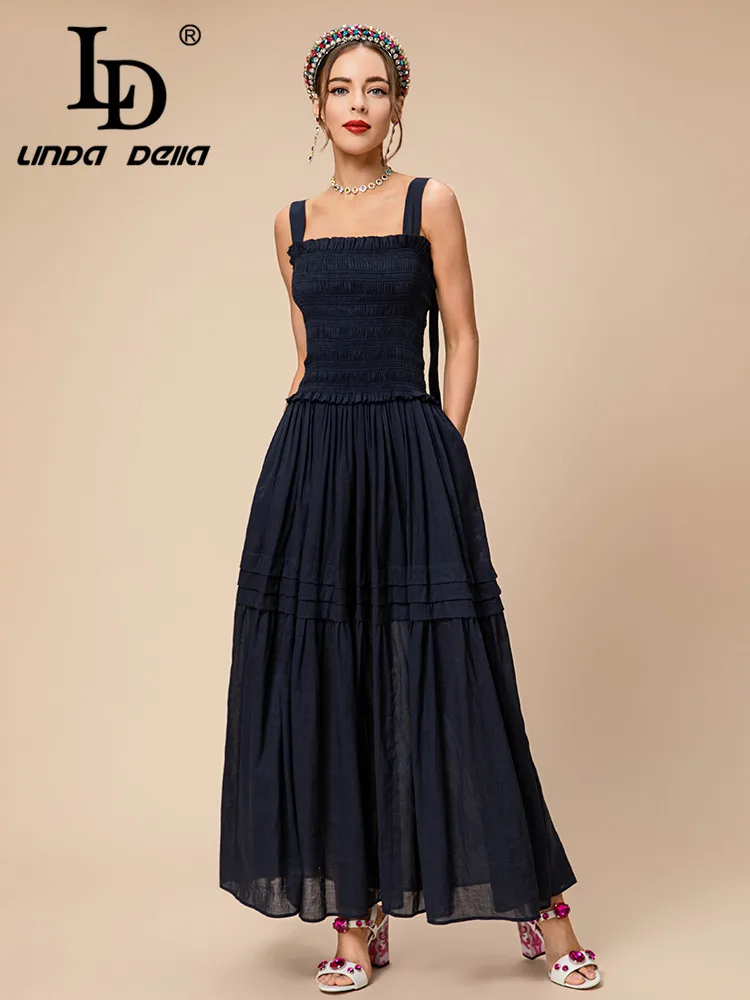 LD LINDA DELLA Summer Runway Fashion Vintage Dress Women's Suspender Tube top  Elastic Waist Splice Draped Travel Long Dress image 3