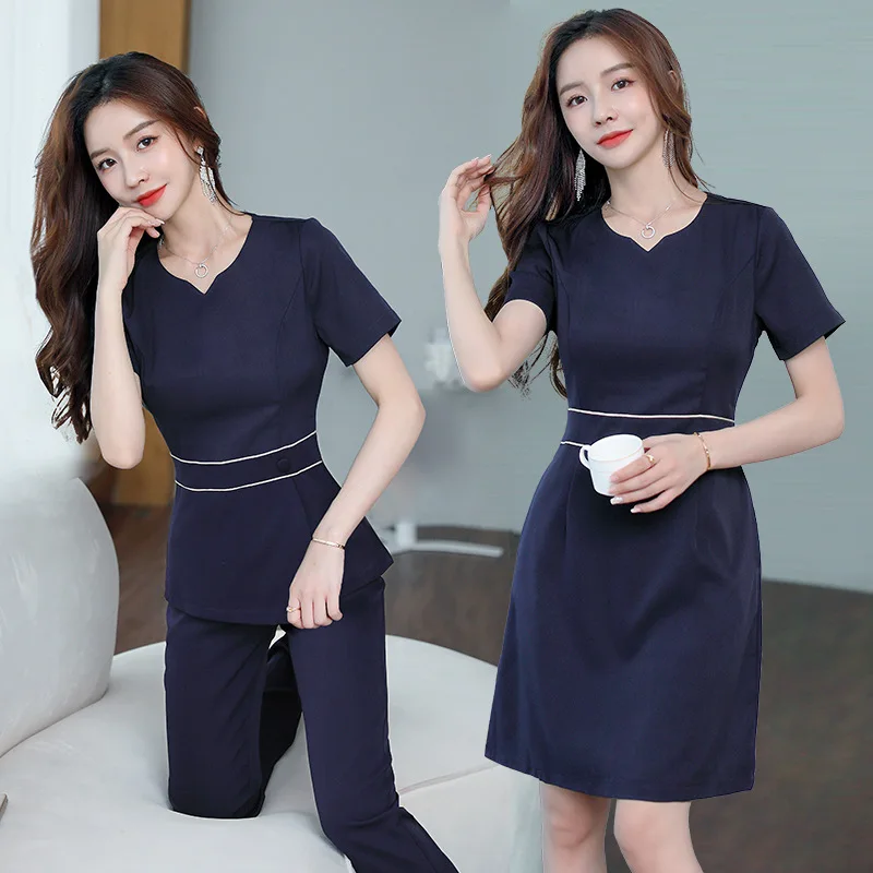 زي نسائي جمالي بأكمام قصيرة ، بدلة صالون تجميل ، سبا ، ملابس تجميل ، فندق ، ملابس مساج ، وزرة كورية ، صيف