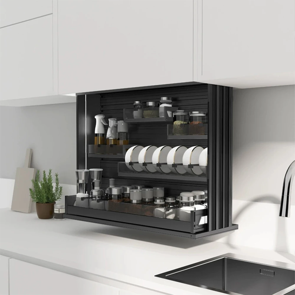 Smart Lifting System Aluminum Modular Hanging Storage Kitchen Furniture Cabinet Electric Lifting Units Dishware Spice Storage