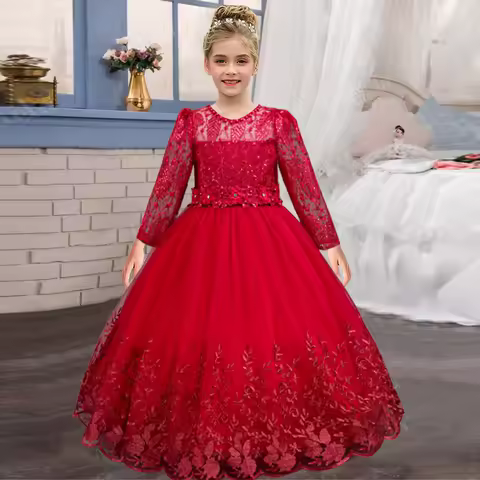 2025 new summer long flower girl wedding dress for 2-12 years old, lace chiffon fluffy skirt, graduation party evening dress