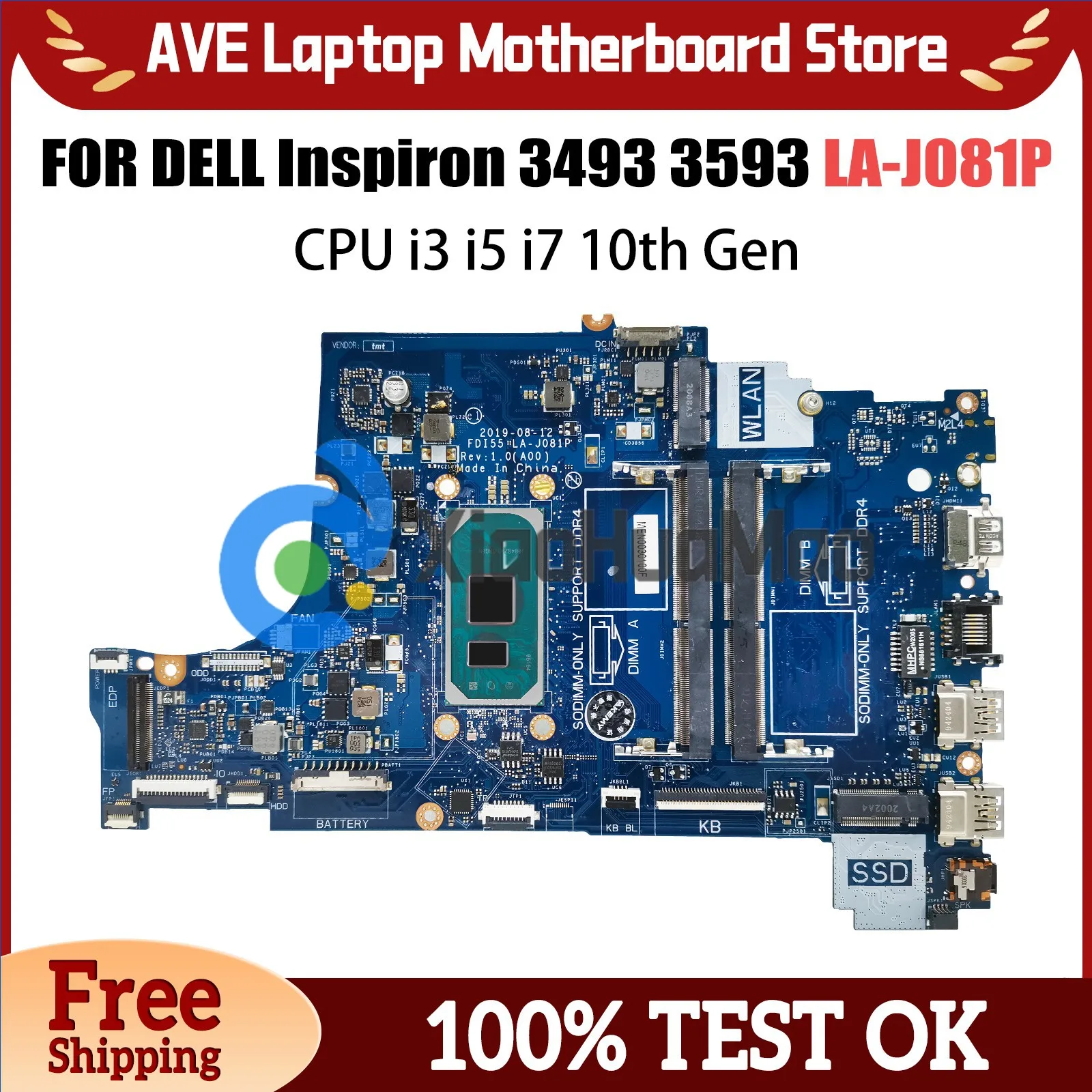 Laptop Motherboard For DELL Inspiron 3493 3593 3793 5493 LA-J081P CN-004C38 004C38 03DD3K Notebook Mainboard CPU I5 10th Gen