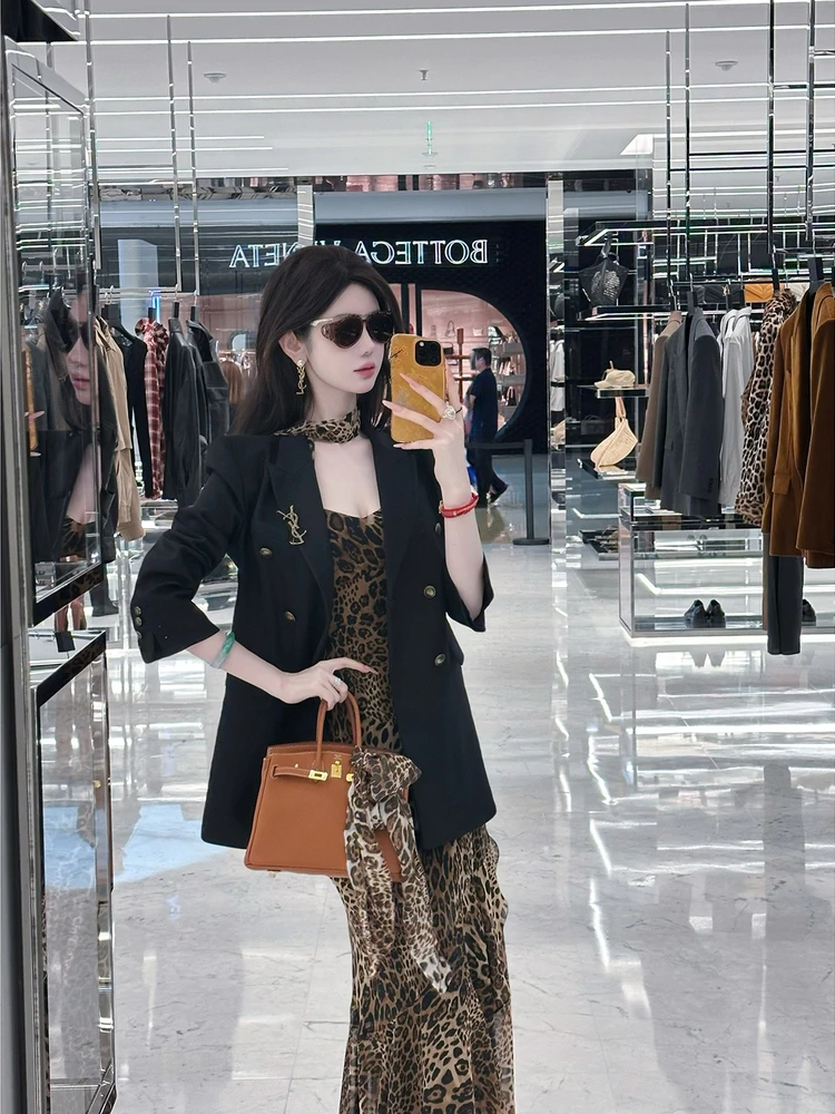 

Syqiao Black Suit Jacket Loose Vintage Style Long Sleeve Women's Casual Fashion Autumn Wear Elegant Slimming High-End Feeling