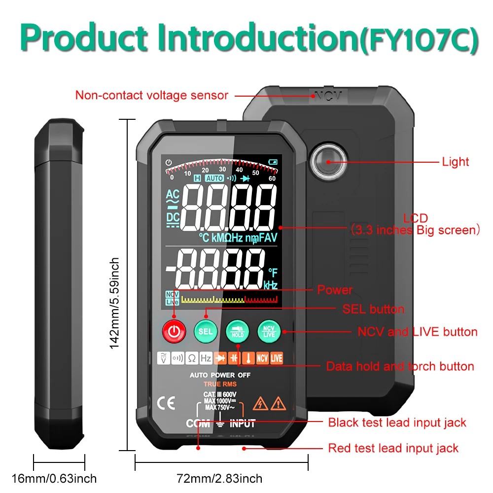 MATSFUYI Large Screen Smart Multimeter 6000 Count 1000V AC DC Voltage Current Ohm Hz Capacitance True RMS Temperature Detection