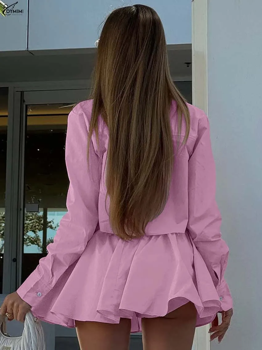 Oymimi Fashion Różowy Bawełniany Zestaw 2-częściowy Dla Kobiet Eleganckie Koszule z Długim Rękawem Zapinane na Guziki i Mini Spódniczki ze Sznurkiem