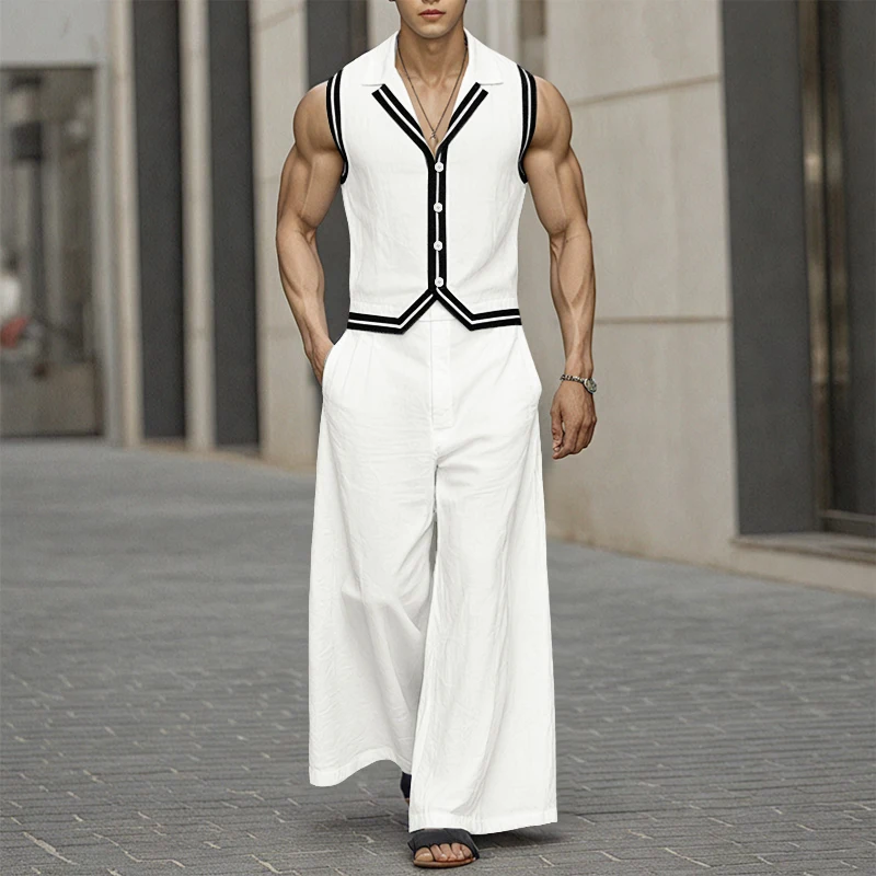 INCERUN Men Sets Patchwork Lapel Sleeveless Vests & Pants Two Pieces Sets Streetwear Loose 2025 Fashion Men's Casual Suits S-5XL