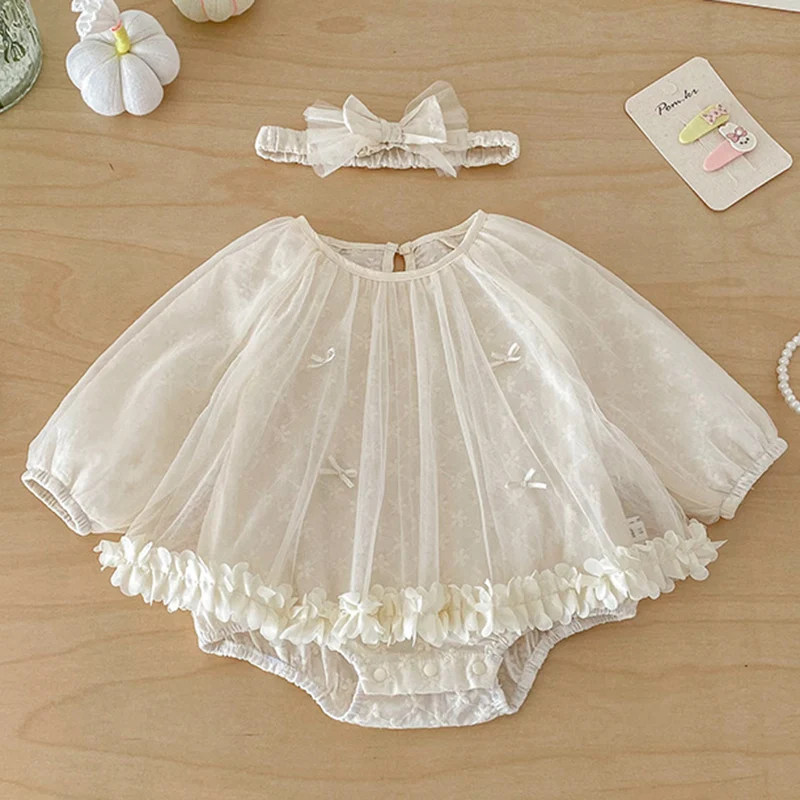 2026 New Spring 0-24M Baby Girl Clothing Toddler Baby Girl Romper Long Sleeved Cotton Mesh Splicing Korean Style Climbing Suit