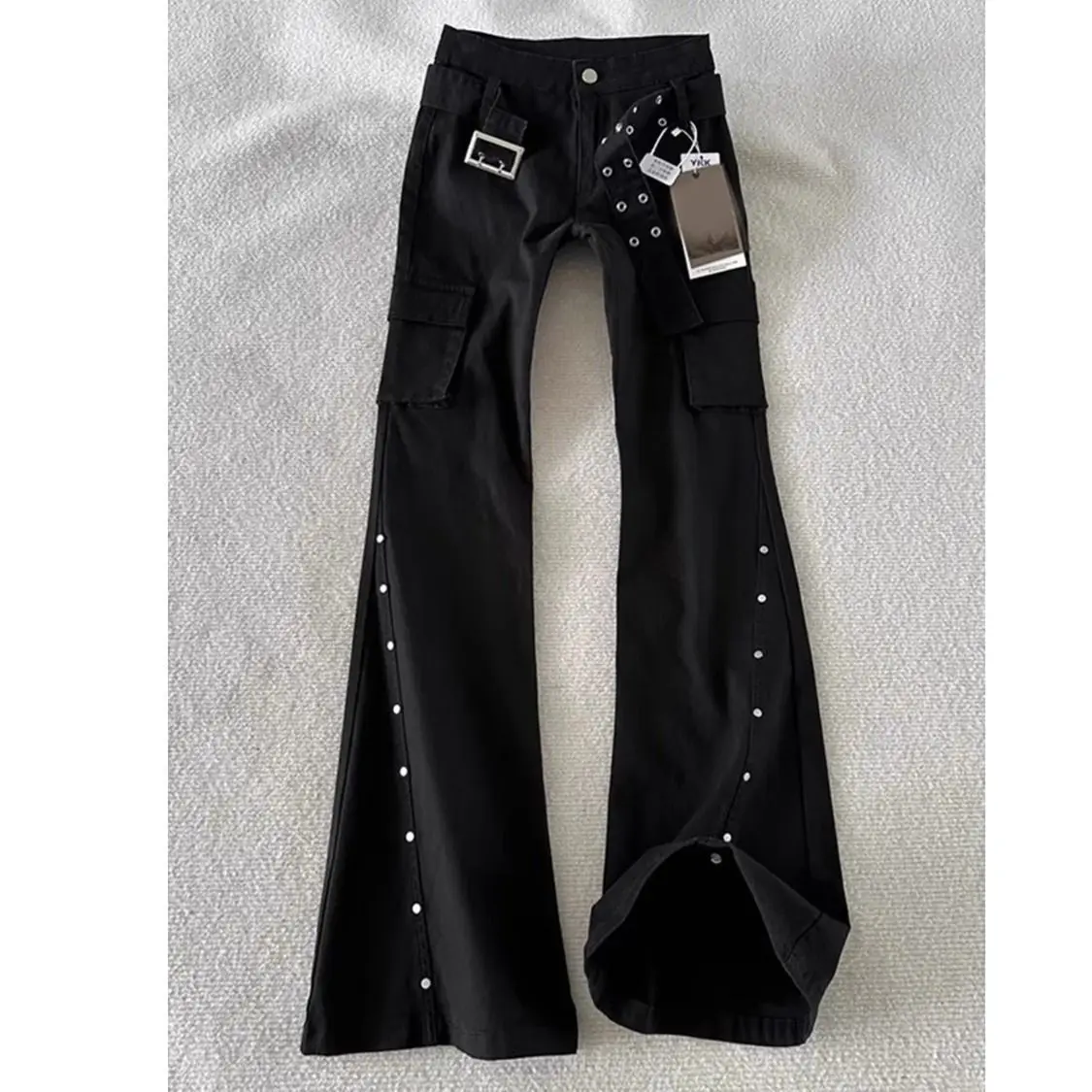 Autumn American Retro Dark Gothic Jeans Women High-street Mid-rise Rivet-decorated Flared Pants Y2K 2000s Aesthetic Cargo Pants