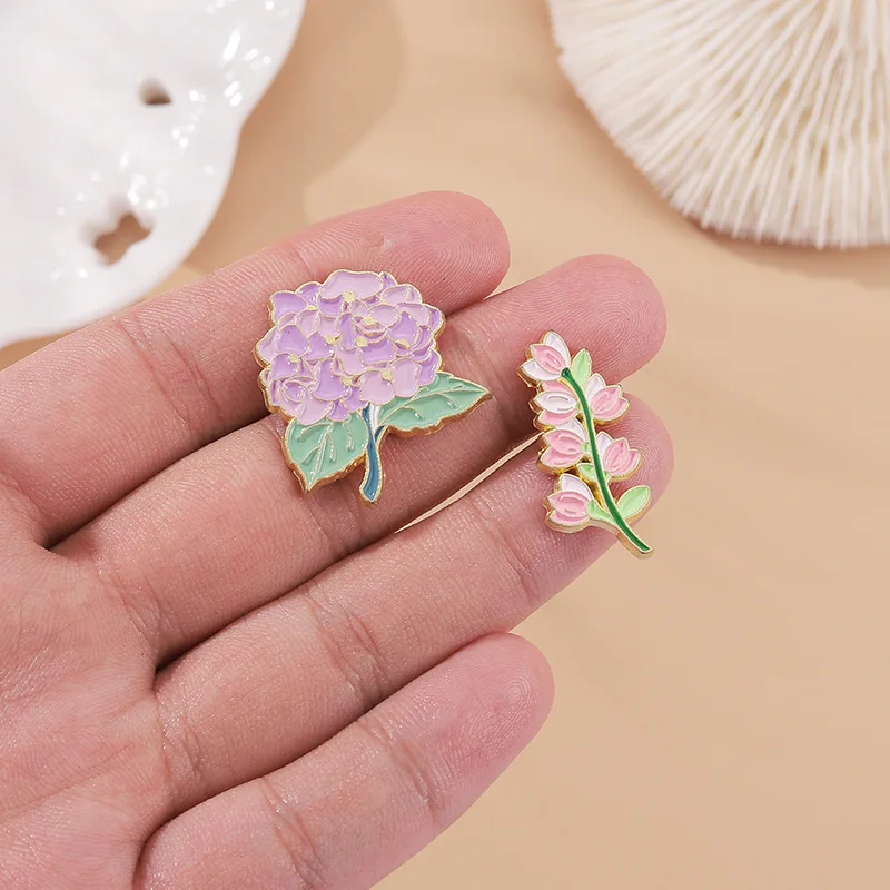 Cartoon Floral Badge Brooch Pins Cute Violet Hydrangeas Lilies Flowers Enamel Lapel Pin Accessory On Collar Backpack Clothing Or