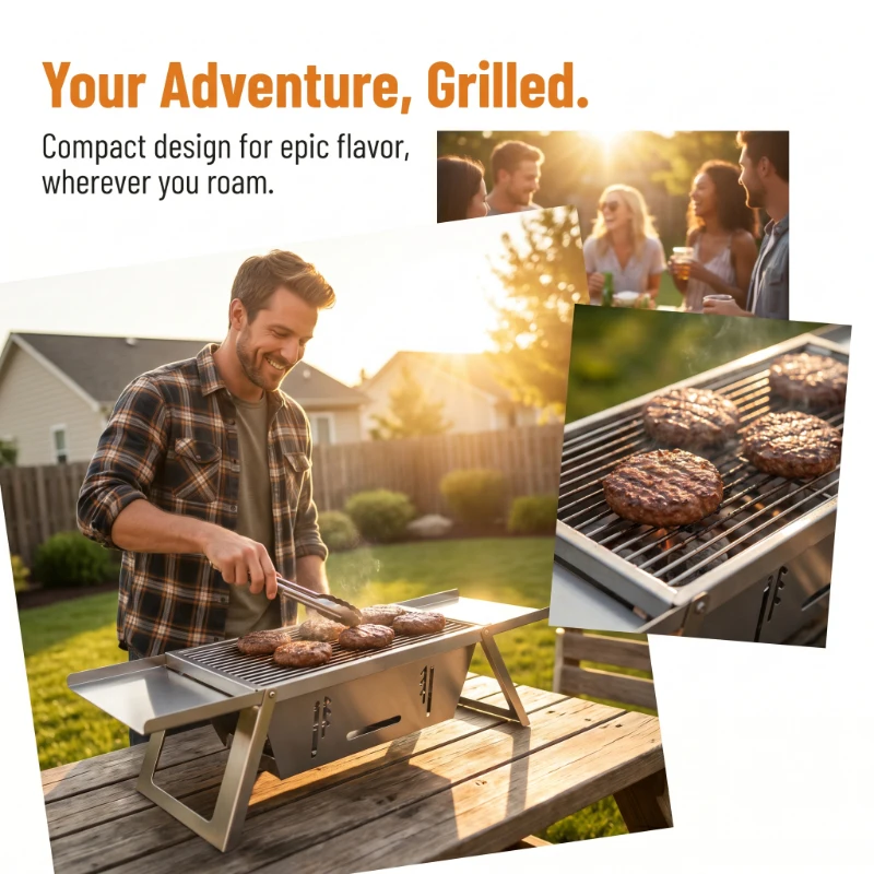 Portable Folding Charcoal BBQ Rack 5Pcs Stainless Steel Barbecue Stove for Outdoor Camping Household Skewer Cooking