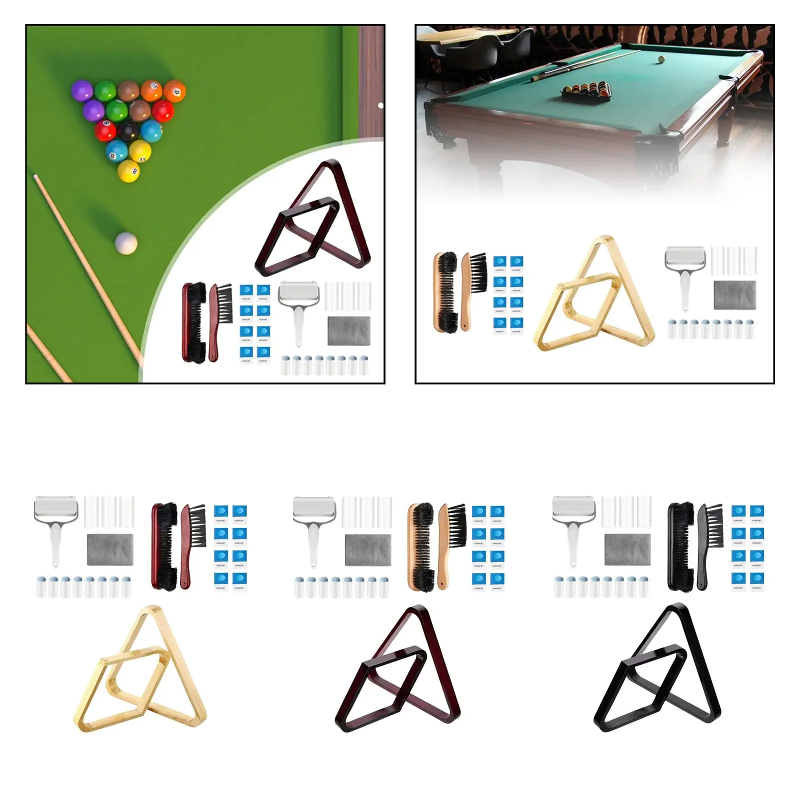 Triangle and Diamond Pool Ball Rack,Pool Table Brushes,Sticky Roller,Billiard Polishing Cloth,Chalks,Cue Tips