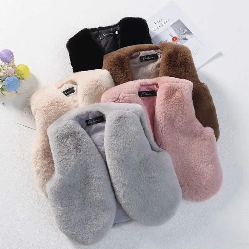 

Faux Fur Vest Coats Children Solid Fur Jackets V Neck Sleeveless Open Stitch Thick Warm Fur Loose Fit Casual 2025 Autumn Winter