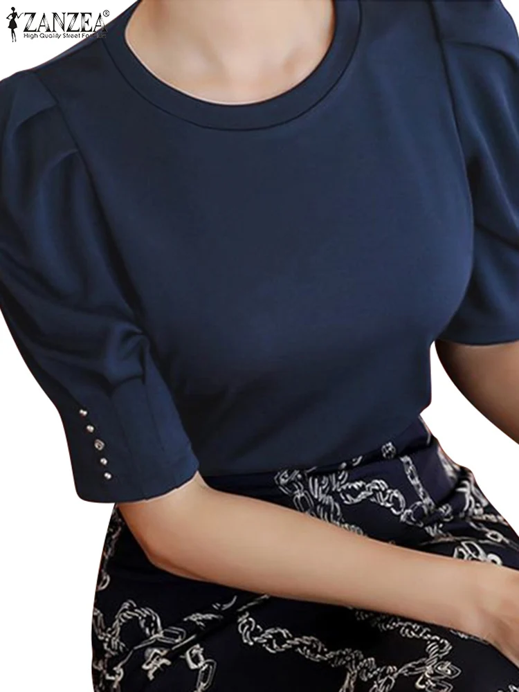 ZANZEA Women Summer Blouse Elegant Puff Short Sleeve Tunics Casual Loose O-Neck Tops 2024 Holiday Pleating Solid Blusas Oversize