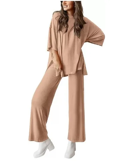 Set Kasual Wanita Atasan Lengan Pendek Kerah Bulat Celana Kaki Lebar Untuk Set Olahraga Musim Panas Musim Semi Musim Gugur