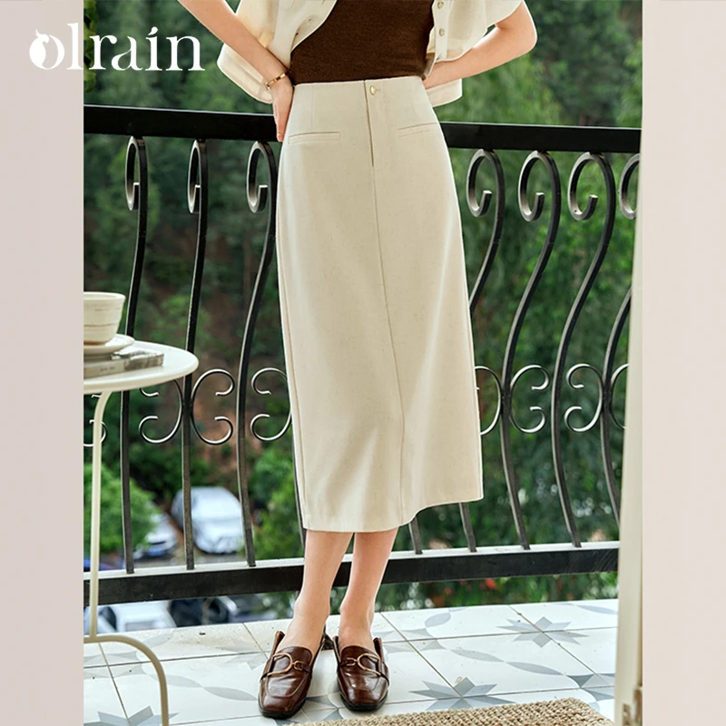 

OLrain Office Lady Straight Skirt Women Autumn 2026 High Waist Solid Slit-hem Button Workwear Elegant Long Skirts O24XB91360