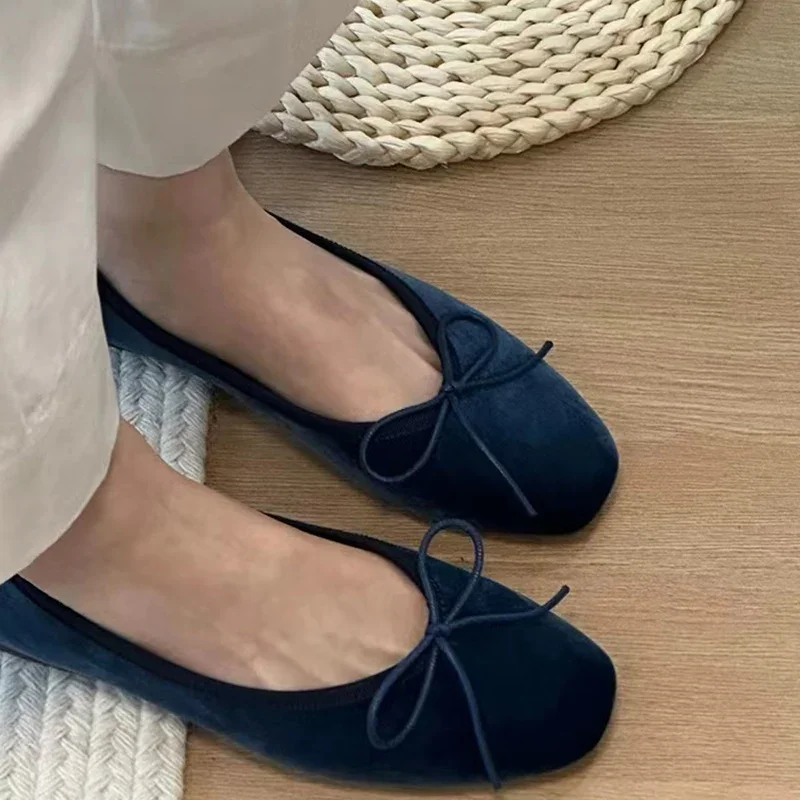 Bow Flats Suede Women Shoes Elegant Soft Sole Shallow Ballet Dance Shoes 2024 New Fad Autumn Shoes Dress Party Zapatos Ladies