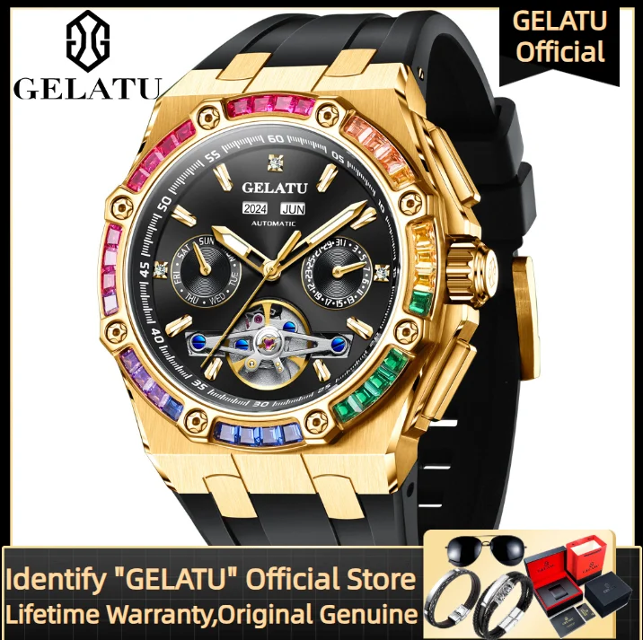 

GELATU 6022 Luxury Mechanical Watch Men's Colored Diamond Bezel Chronograph Man Watches Calendar Wristwatches