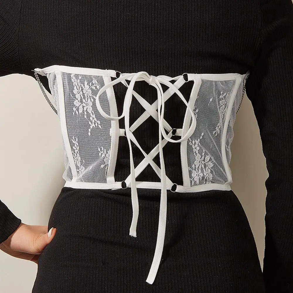 Korset Pinggang Poliester Baru dengan Tali Renda Transparan, Sabuk Lebar, Model Fashion, Dapat Disesuaikan untuk Wanita