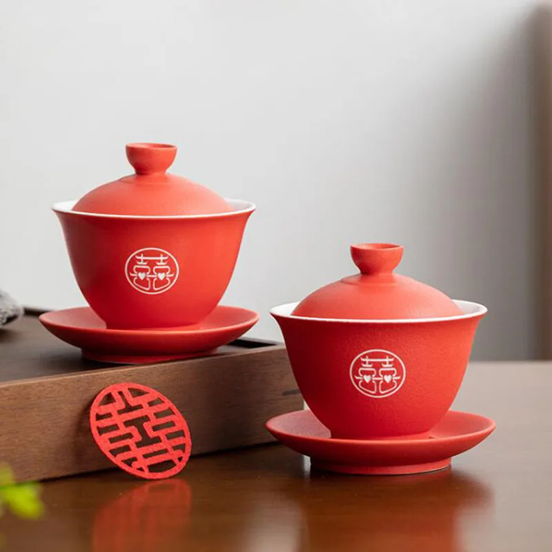 Chinese Style Red Coior Porcelain Tea Tureen Wedding Respect Gaiwan Tea Maker Bowl Kungfu Cup Kitchen Teaware