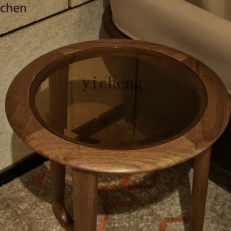 TQH7.2 Side Table Tea Color Glass Solid Wood Corner Table Sofa Side Table