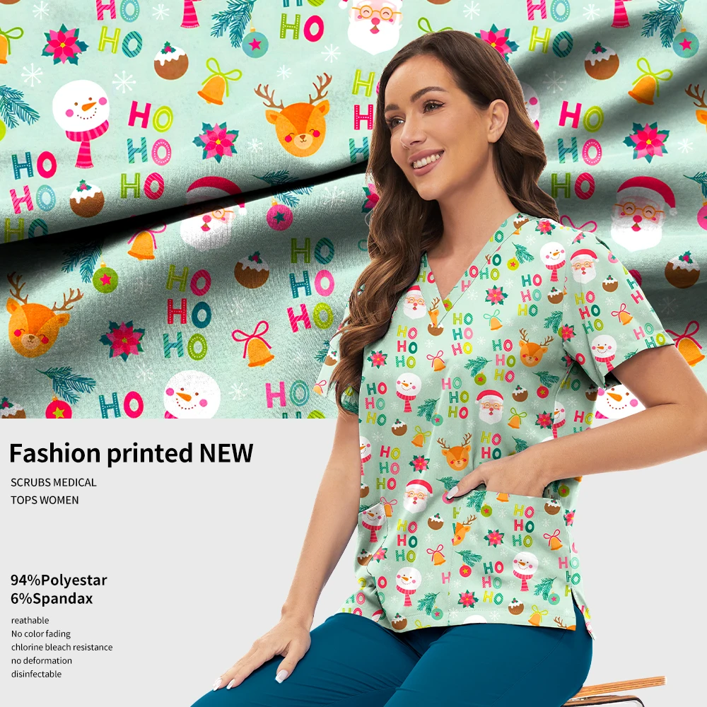 Niaahinn عيد الميلاد الدعك الجراحية القمم المرأة الصيف الكرتون نمط الخامس الرقبة الطبيب البيطري ممرضة الدعك بلوزة ممرضة ملابس النساء موحدة #3