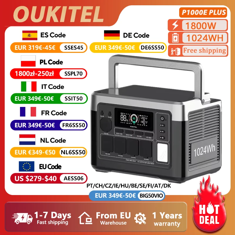 OUKITEL P1000 PLUS 1800W Portable Power Station 1024Wh Lifepo4 Battery Solar Generator, Home Backup Outdoor Camping Mobile power