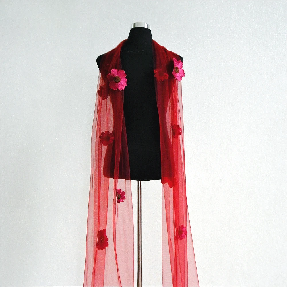 4M Long Burgundy Flowy Bridal Shawl with Flowers Wedding Bolero with Women Elegant Sexy Wear Wedding Capes Wedding Props