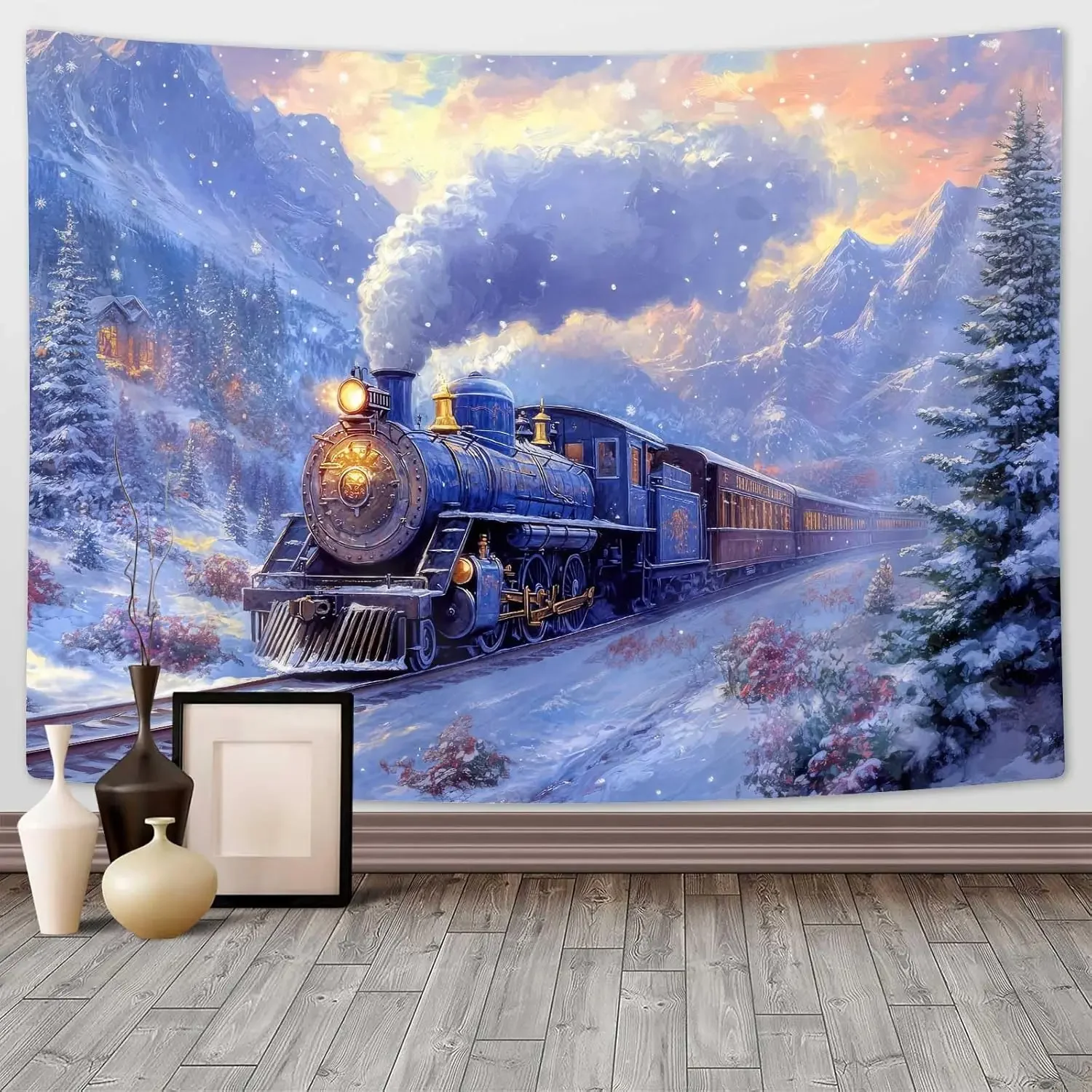 Vintage Steam Train Tapestry Winter Forest Mountain Cabin Watercolor Wall Art for Kids Bedroom Living Room Decor