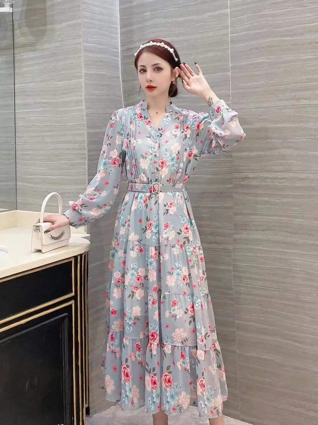 New Spring Autumn Women V-Neck Long Sleeve Belt Slim Long Dress Fashion Big Hem Sweet Floral Chiffon Dress