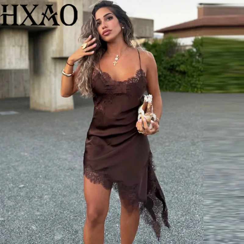 HXAO Female Lace Dress Sleeveless Slip Short Dresses Women Summer Asymmetric Elegant Night Dresses Backless Sexy Evening Dress