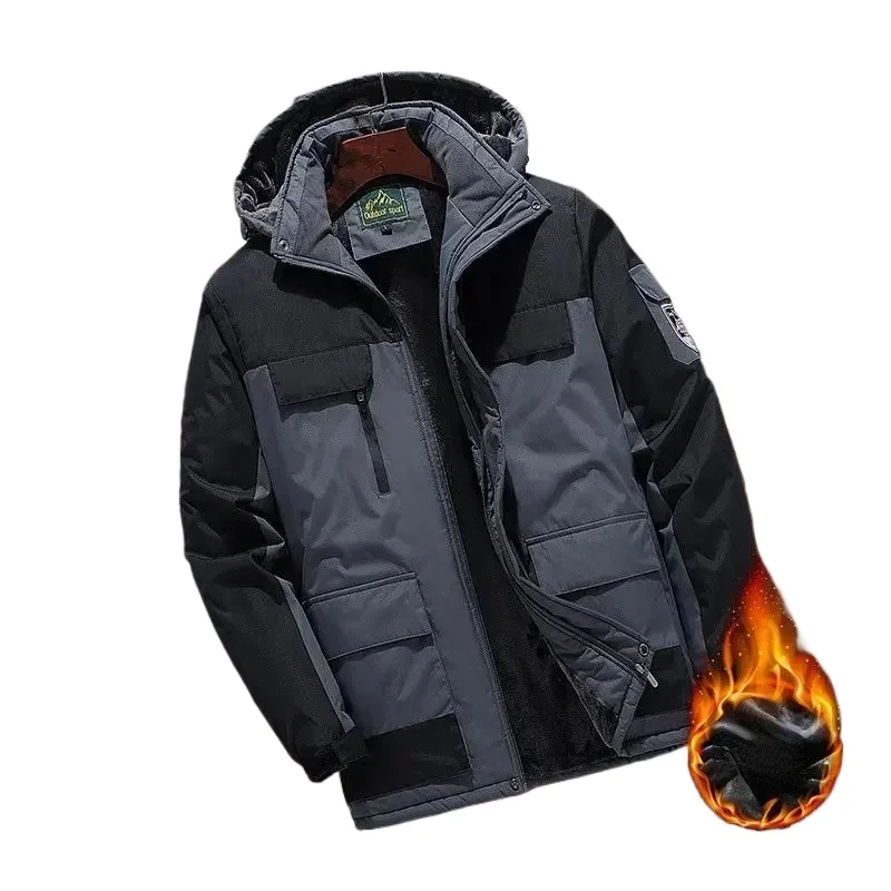 

Winter Fleece Jacket Men Casual Thicken Warm Cotton Padded Jacket Men's Fashion Hooded Outdoor Windproof Coat Parkas Plus Size