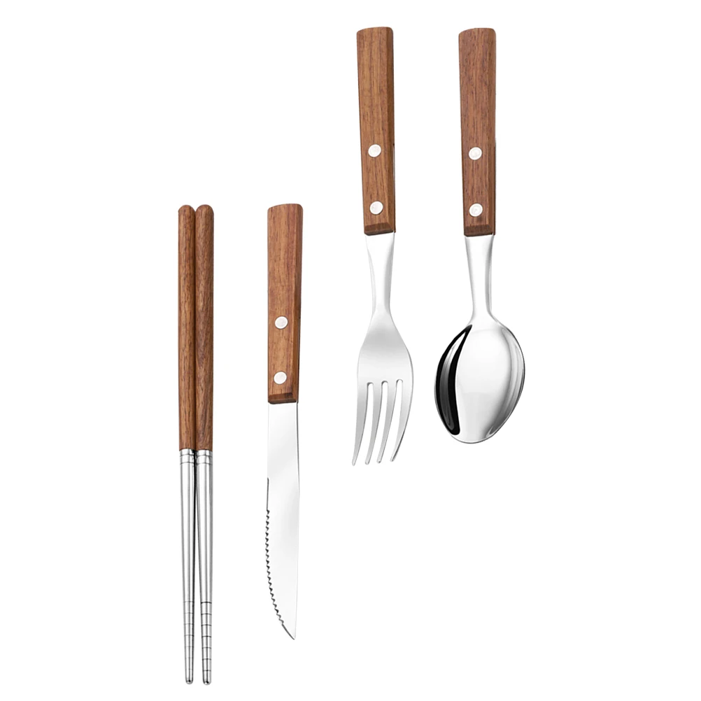 

Wooden H Cutlery Set Stainless Steel Fork Spoon Knife Chopsticks Kit Reusable Tableware Dining Accessories