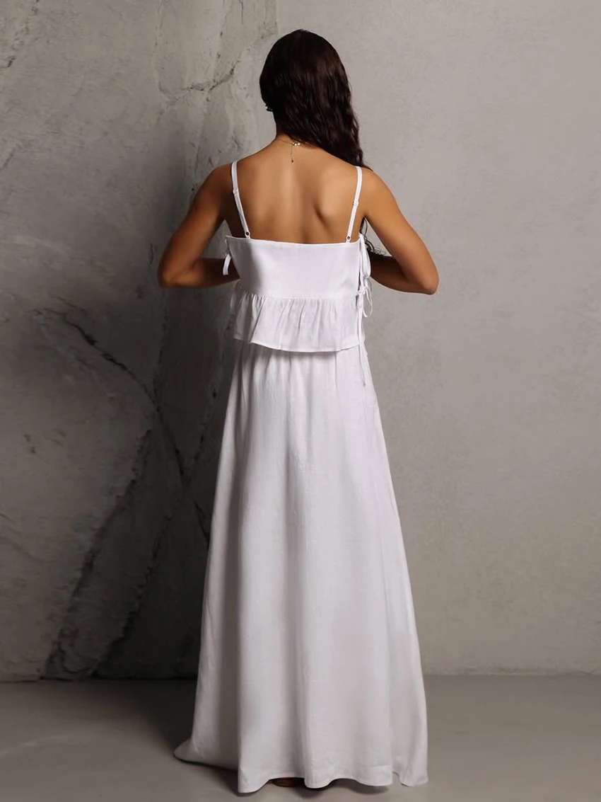 Marthaqiqi Cotton Women Sleepwear Set Spaghetti Strap Pajamas Lace Up Nightie Tank Tops Nightgown Long Skirt Summer Home Clothes