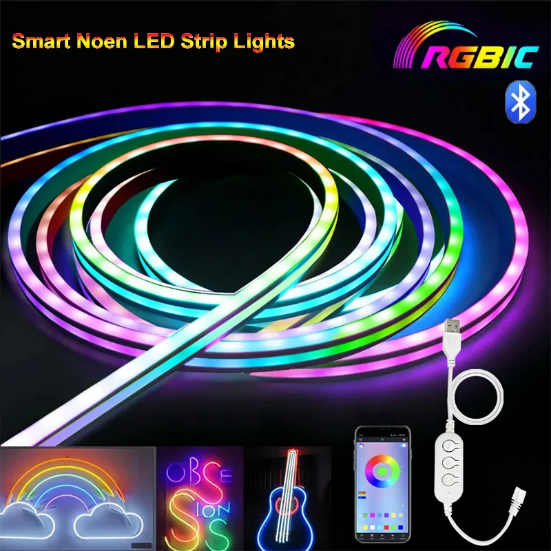 5V RGBIC Bluetooth Neon Led Strip Lights Waterproof Flex Ribbon Music Sync DIY Dreamcolor Chasing Strip for Home Decor Lighting