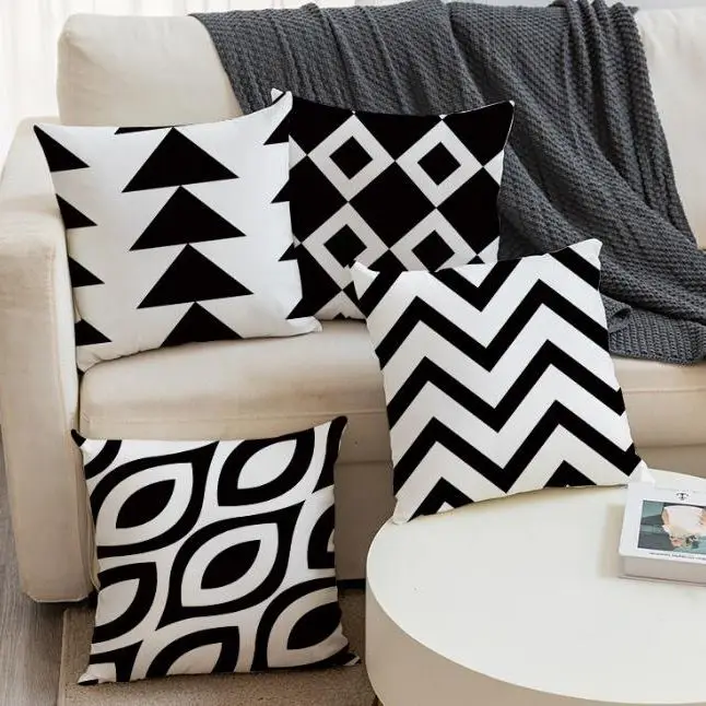 

Geometric Polyester Waterproof Cushion Cover Decorative Pillowcase Home Office Sofa Black And White Throw Pillow Cover 45x45cm