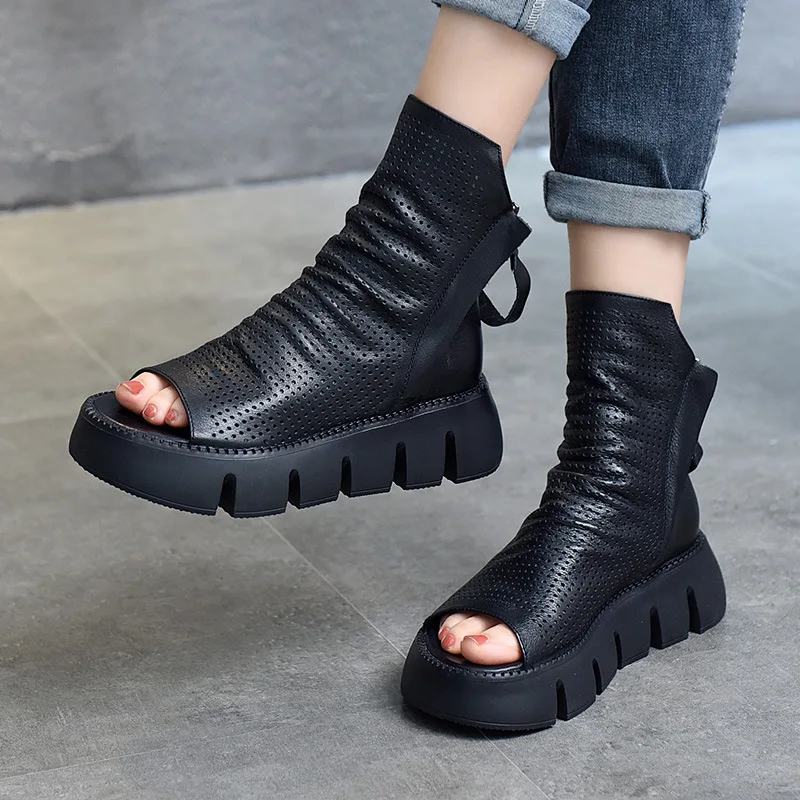 2021 spring and summer new fashion platform shoes cowhide cold boots leather cave shoes fish mouth shoes