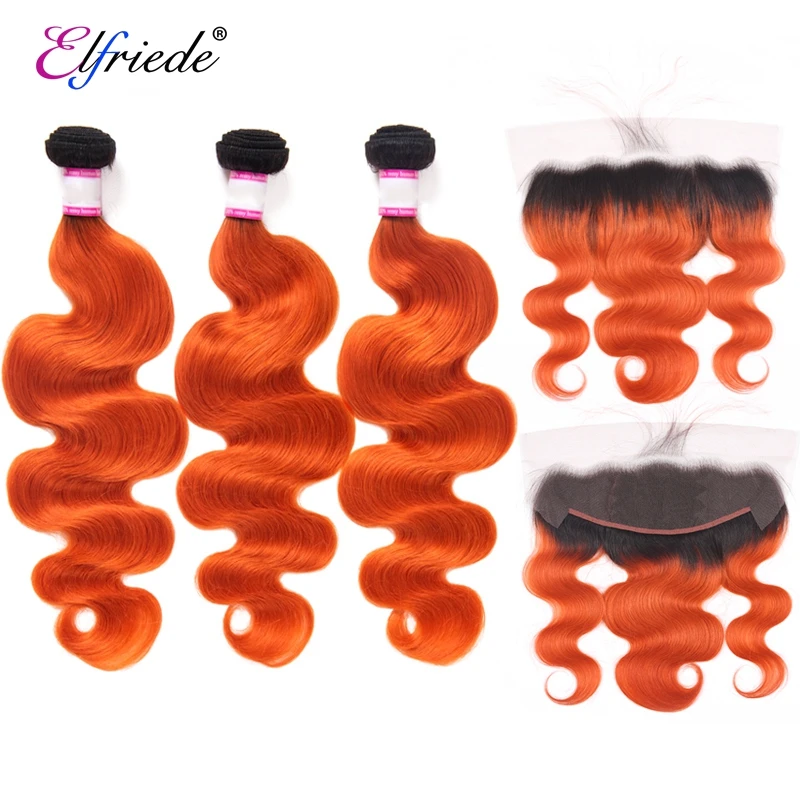 

Elfriede #1B/Orange Body Wave Precolored Hair Bundles with Frontal 100% Human Hair Sew In Wefts 3 Bundles with Lace Frontal 13x4