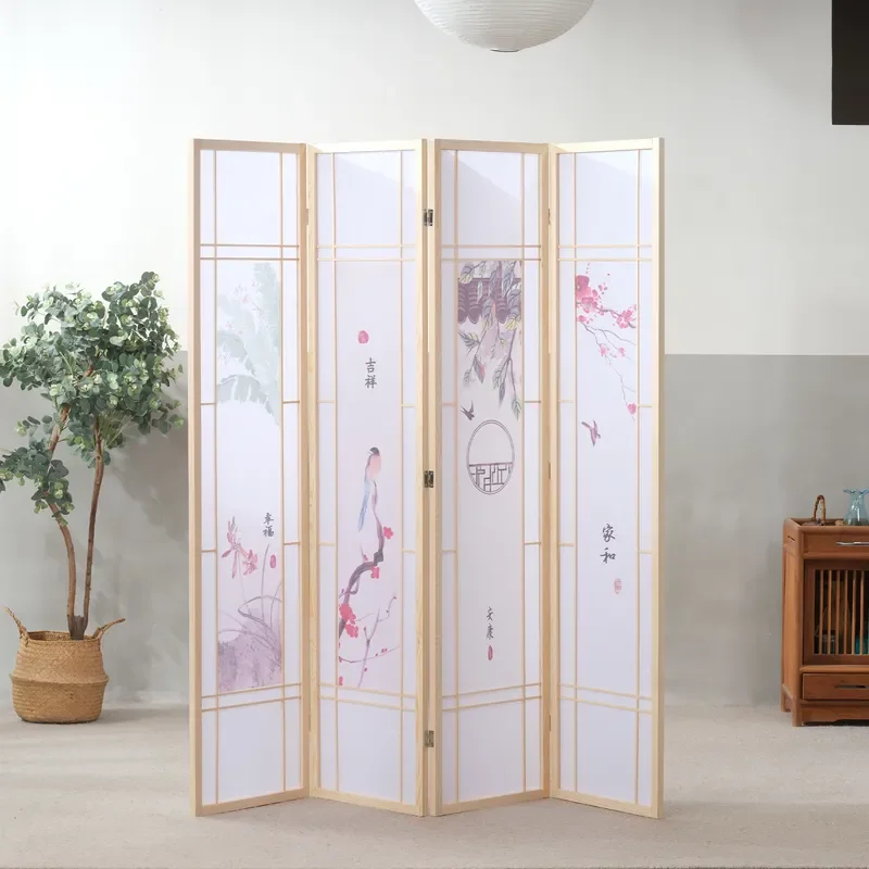 Japanese Style Simple Print Plaid Folding Screen Partition Movable Home Porch Blocking Room Divider Wholesale Manufacturer