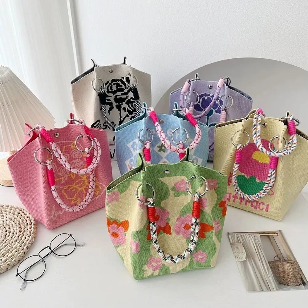 Portable Cartoon Knitted Bucket Bag Handmade Large Capacity Wrist Bag Woven Ring Buckle Handbag for Women Girls