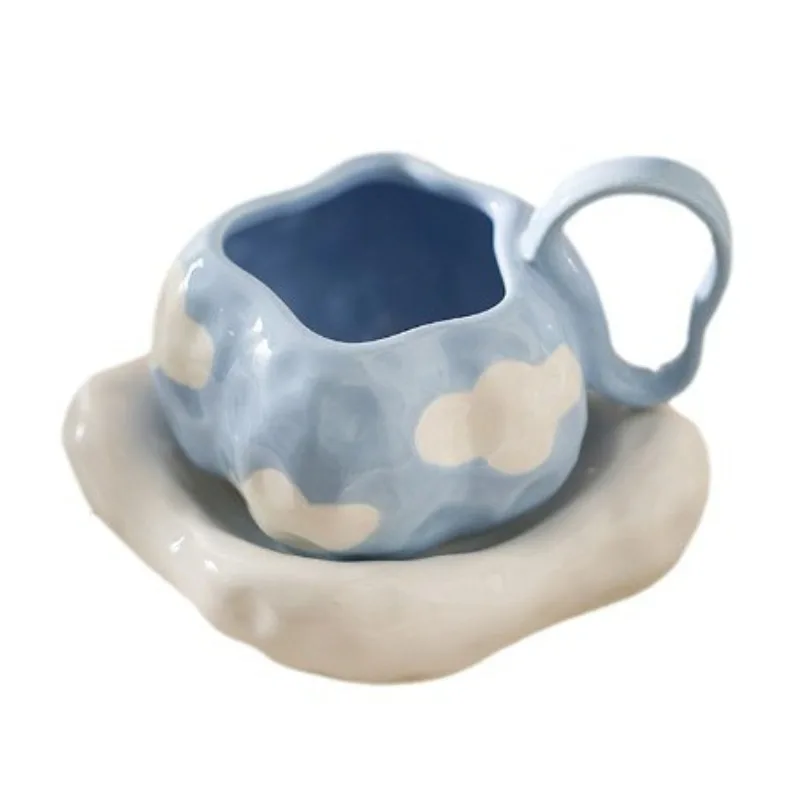 Handmade Irregular Ceramic Cup,Blue Sky,White Clouds,Coffee Cup, Dish,Hand-painted Flower Heart,Breakfast,Milk,Afternoon Tea Cup