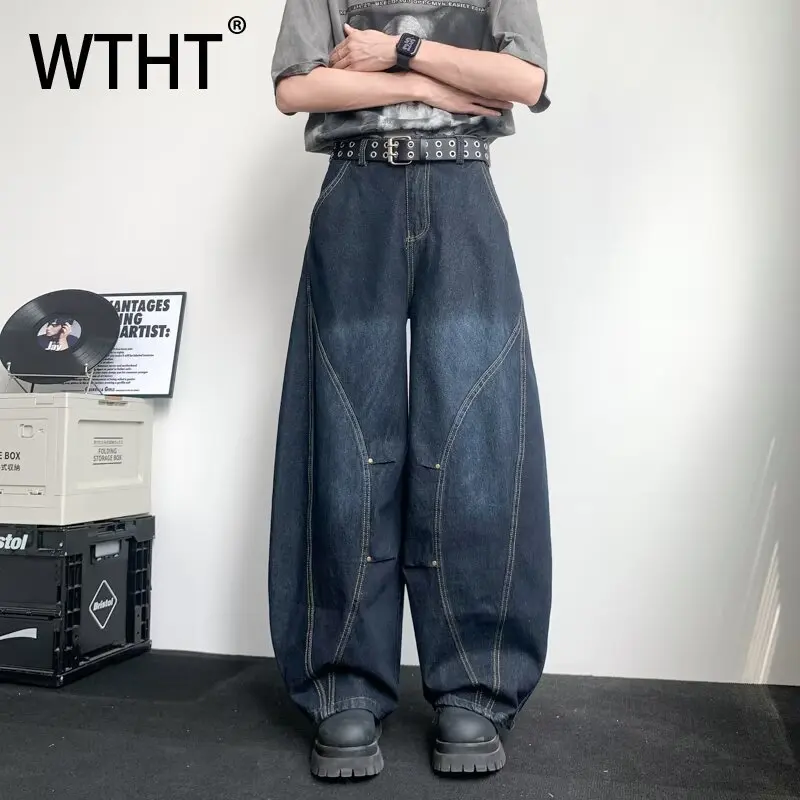 

WTHT Fashion Men's Gradient Patchwork Rivet Pleated Denim Pants Vintage 2026 Summer Wide Leg Loose Casual Jeans Male 2A2919