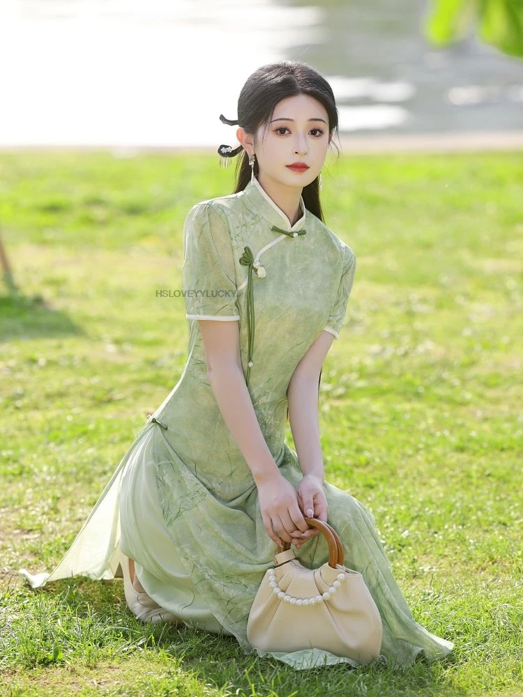 Aodai فيتنام الملابس شيونغسام تشيباو الصينية الفيتنامية خمر أنيقة قصيرة الأكمام تشيباو فستان سيدة الشيفون تشيباو فستان