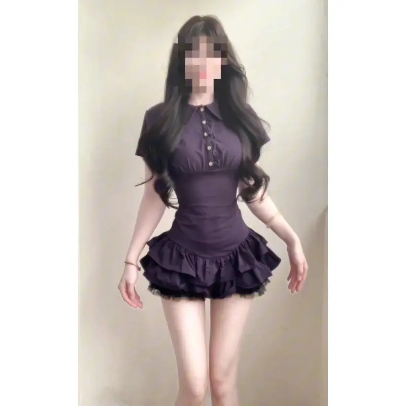 

Women's Purple Sweet Edgy Mini Dress -Peter Pan Collar Button Detail Tiered Ruffle Tulle Lining Slim Fit Dress Y2K Spring Summer
