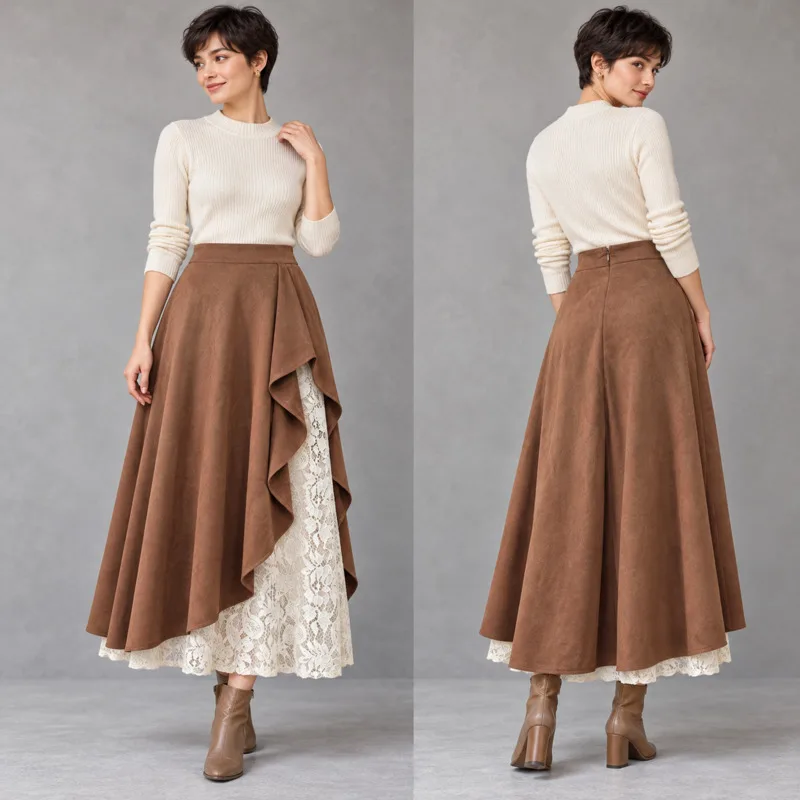 Women Vintage Western Suede Lace Splicing Skirt High Waist Ruffle Midi Skirt Boho Cowgirl Country Outfit Party Wedding Dress