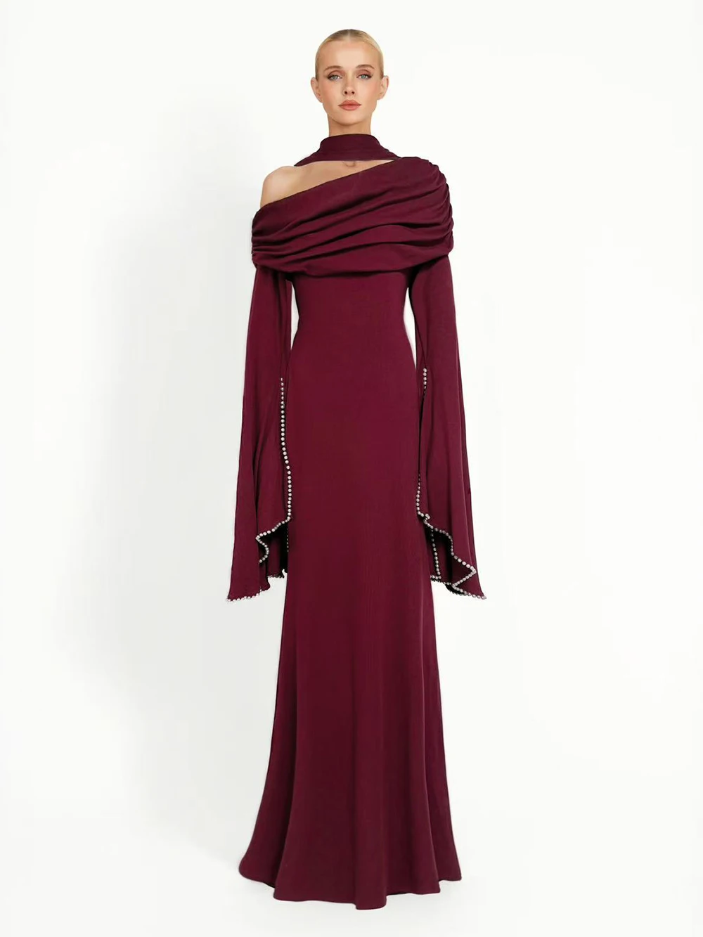 Modphy Sexy Diagonal Collar Flare Sleeve Pearl Beaded Long Dress With Ribbon Women Long Sleeves Folds Dresses Evening Party Gown