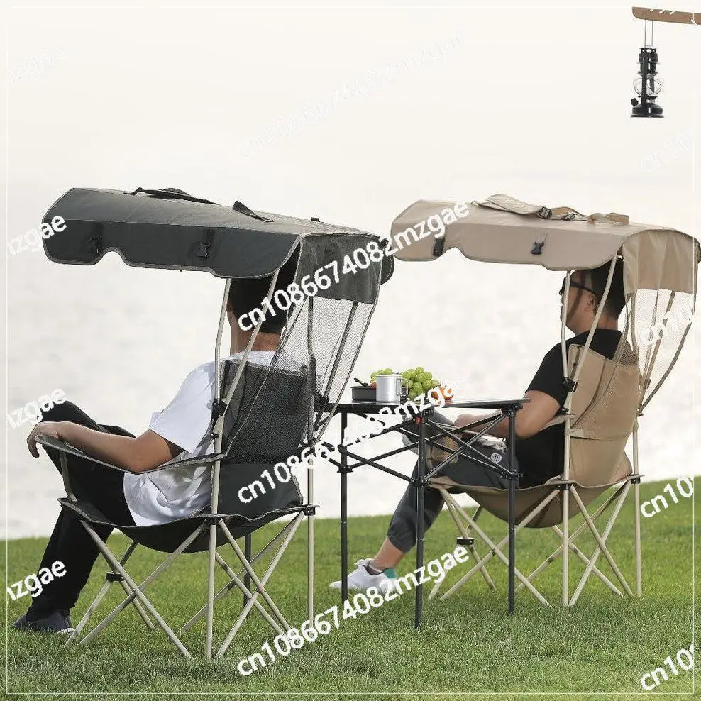 Outdoor Fishing Beach Chair with Integrated Sunshade Canopy Portable Backpack Camping Lounge Chair for Camping Fishing Picnic