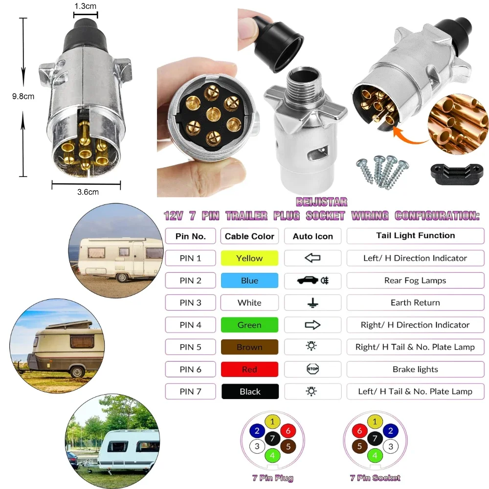 12V 7 Way / 13Way Round Standard European Car Plug Connector Car Trailer 7/13 Pin RV Socket Plugs for Trailers