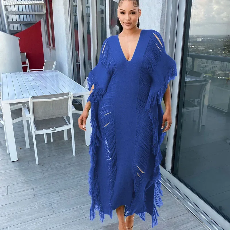 Sexy Crochet Knitted Hole Tassel Party Long Dress Fall Outfits Women Nightclub Loose Straight Sheer Maxi Dresses Tunics Vestidos