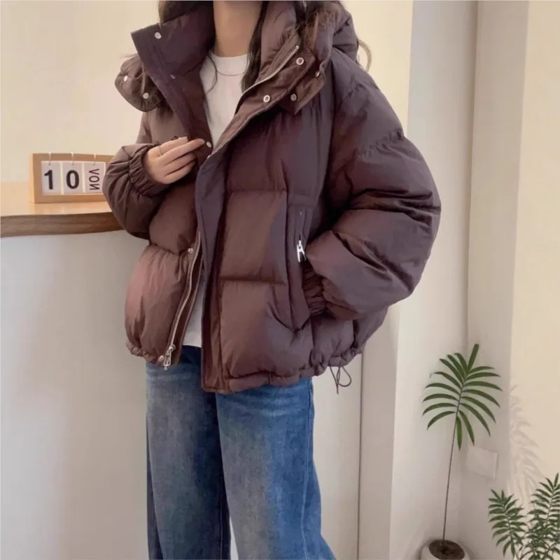 Casual Warm Hooded Cotton Jacket Women's Winter Loose Versatile Zipper Pocket Long Sleeve Solid Color Fashion Outwear