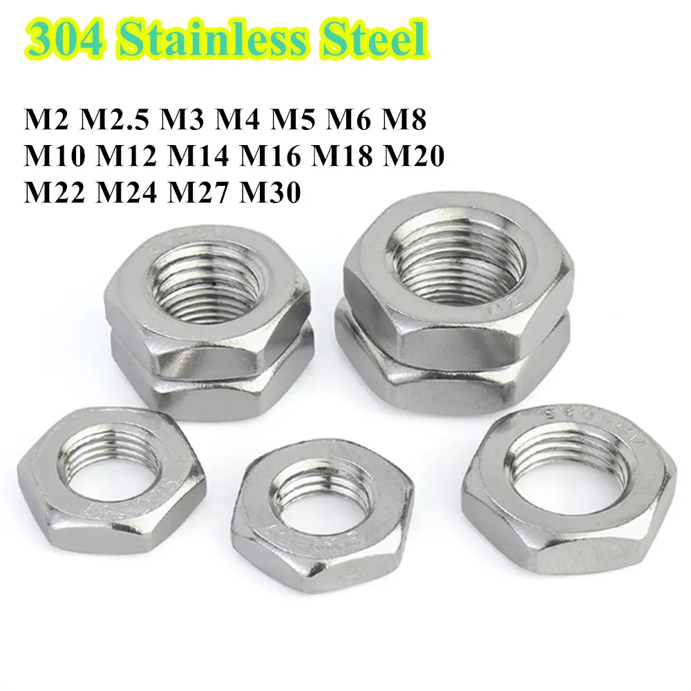 Hexagon Thin Nut Fine Thread Fine Nut 304 Stainless Steel M2 M2.5 M3 M4 M5 M6 M8 M10 M12 M14 M16 M18 M20 Bolt Screw Hexagon Nut